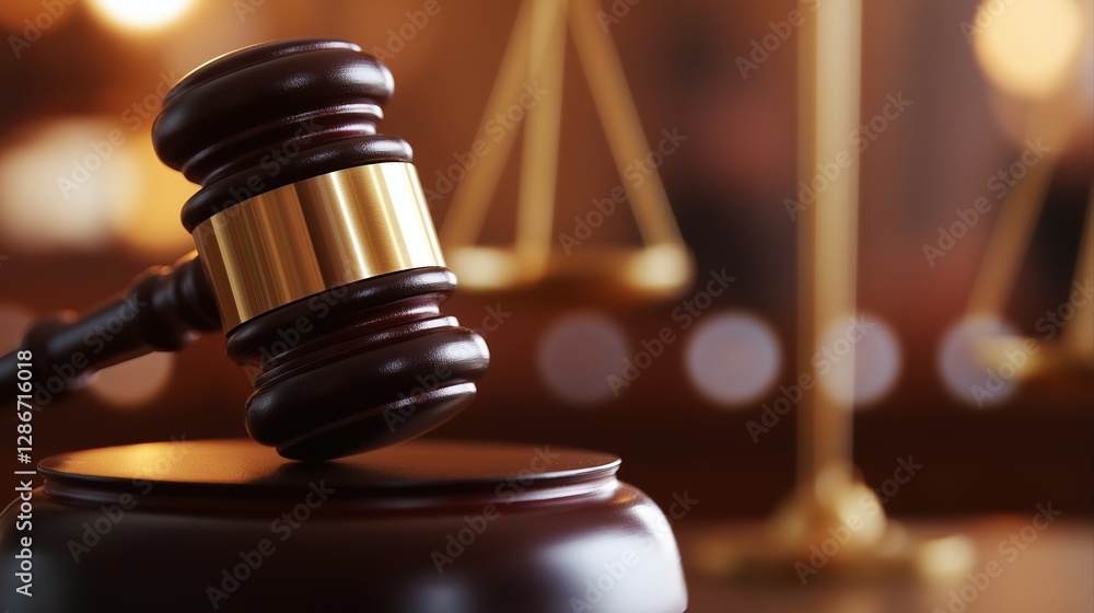Gavel Resting on Wooden Judge's Desk with Scales of Justice in Background Gavel Resting on Wooden Judge's Desk with Scales of Justice in Background