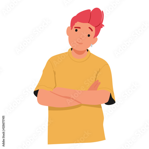 Young hipster teenager cartoon character folding hands crossed on chest looking with expectation