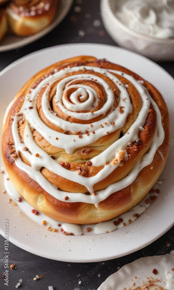 Fototapeta premium Warm cinnamon roll with white icing and sprinkles on a plate, sweet indulgence, springtime treats, sweet pastry