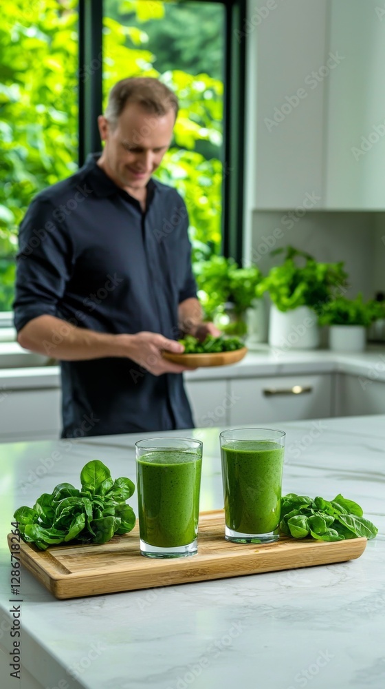 Preparing fresh green smoothies in a modern kitchen with natural light during the day Preparing fresh green smoothies in a modern kitchen with natural light during the day