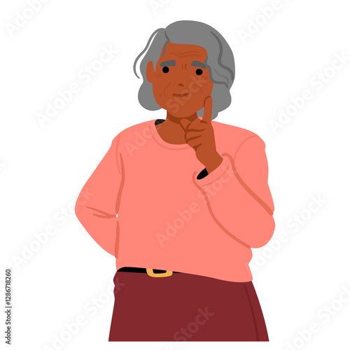 Elderly woman cartoon character feeling pensive, thoughtful trying to make choice and find solution