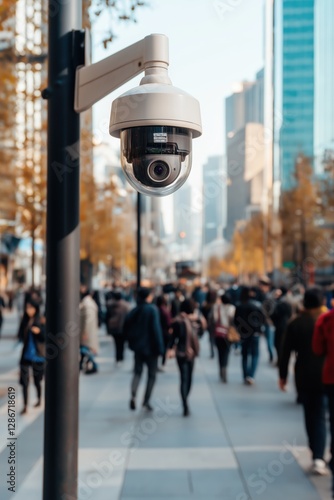 A camera is mounted on a pole in a busy city street. The camera is pointed at a group of people walking down the sidewalk. The scene is bustling and lively, with many people going about their day photo