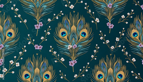 花の要素を持つ孔雀の羽模様, テキスタイル, 壁紙, ファッションデザインのためのエレガントな装飾背景