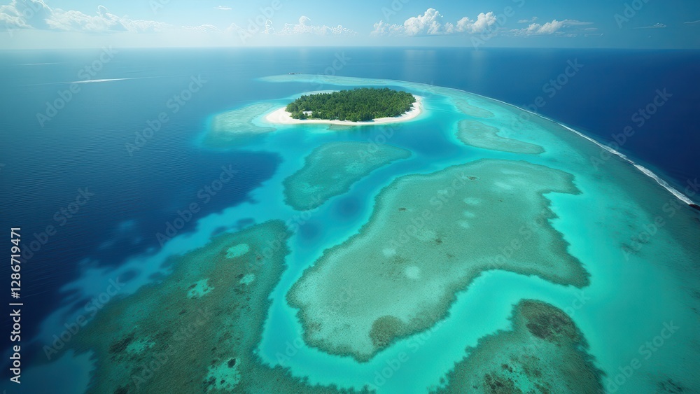 Fototapeta premium Aerial view of coral atoll surrounded by turquoise ocean waters showing signs of coral bleaching 