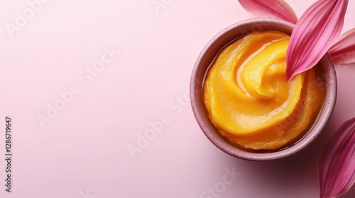 Pink bowl of pumpkin puree, petals, pastel background.  Food, healthy eating photo