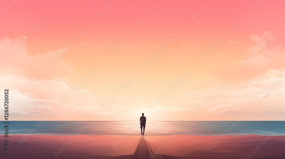 A person standing on a mountain peak with arms raised, left empty space, soft blue sky background,generative ai illustration A person standing on a mountain peak with arms raised, left empty space, soft blue sky background,generative ai illustration