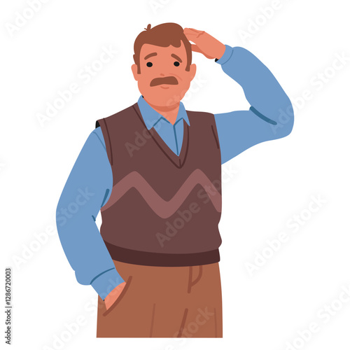 Middle aged man cartoon character showcasing confusion and doubt feeling troubles with decision