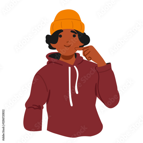 Thoughtful teenage boy cartoon character with contemplation look portrait isolated on white