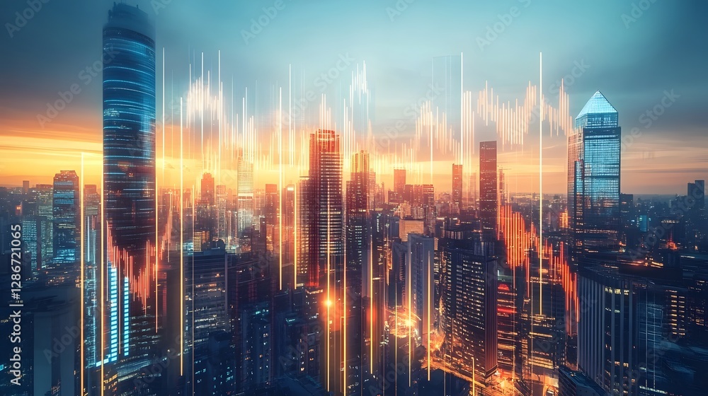 Fototapeta premium A stunning skyline view at sunset, featuring modern skyscrapers illuminated by vibrant light, representing urban growth and innovation in a bustling city.