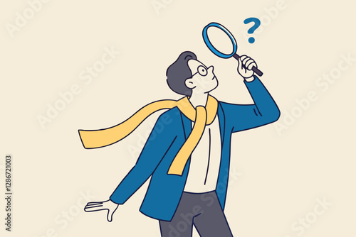 Observation or examination, curiosity to discover secret, search or analyze information, investigate or research concept, curious businessman holding magnifying glass observe data with question mark.
