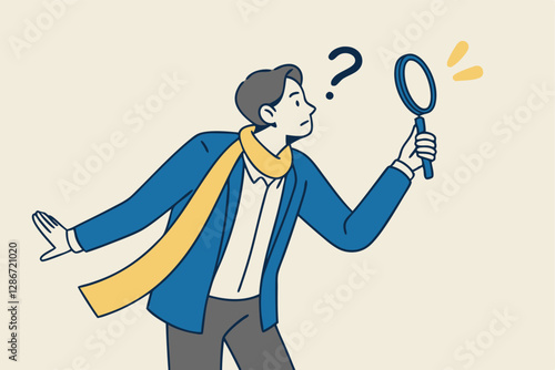 Observation or examination, curiosity to discover secret, search or analyze information, investigate or research concept, curious businessman holding magnifying glass observe data with question mark.