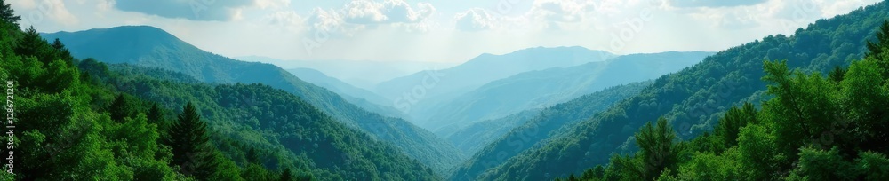 Fototapeta premium Lush forest canopy above rugged mountain peaks, hills, nature, scenery