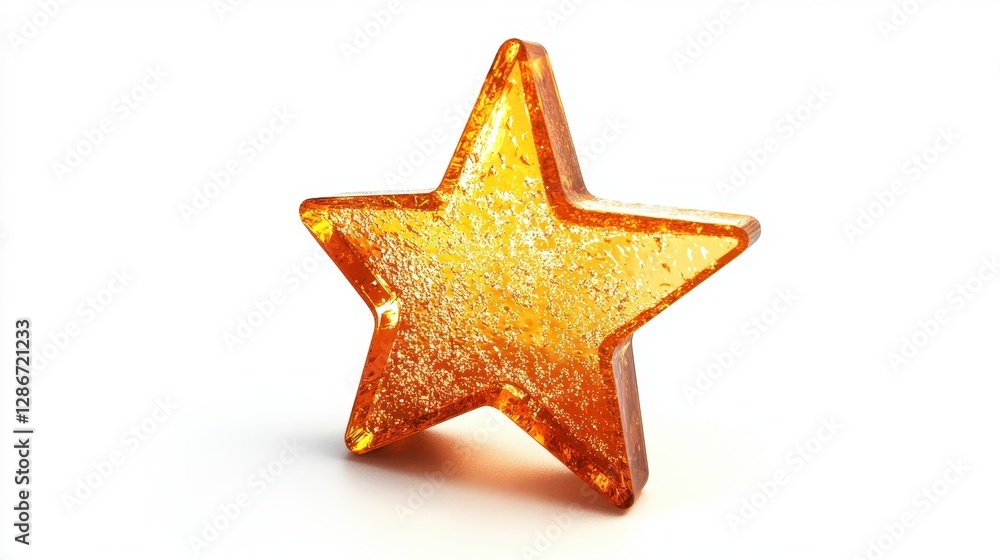 A sparkling orange star made of translucent resin, glowing against a white background. A sparkling orange star made of translucent resin, glowing against a white background.