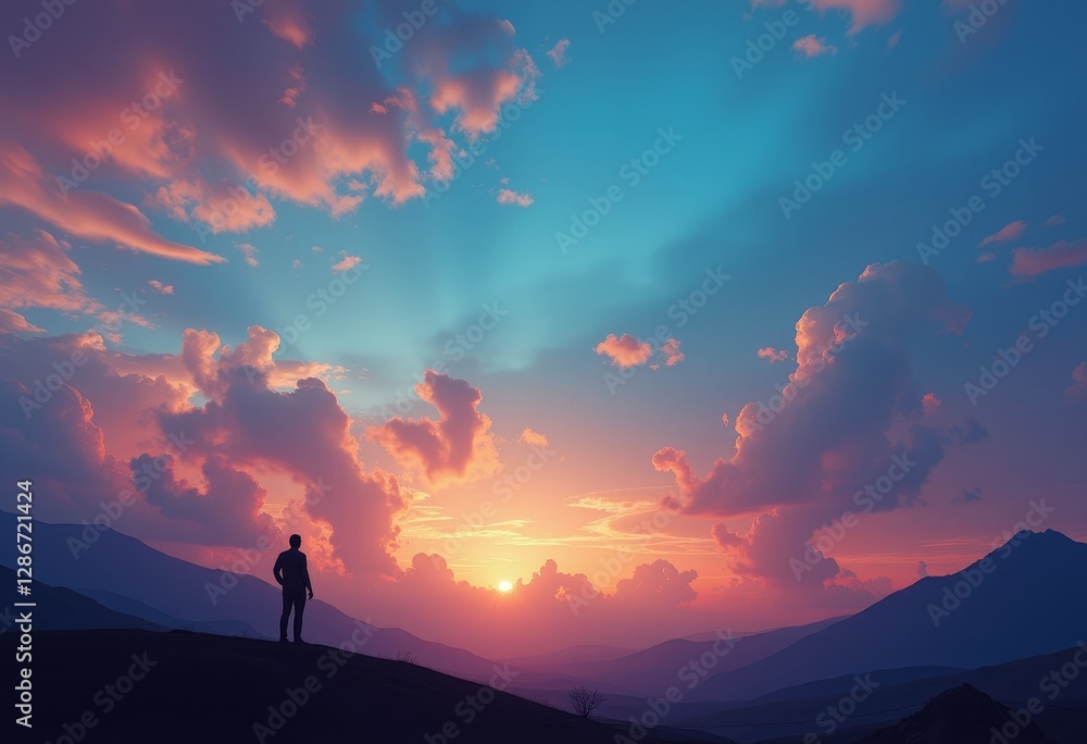 Fototapeta premium Person Overlooking a Mountain Range at Sunset