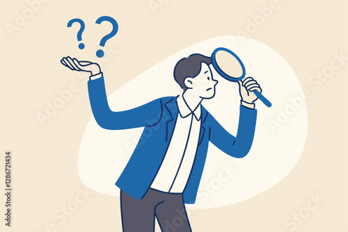 Observation or examination, curiosity to discover secret, search or analyze information, investigate or research concept, curious businessman holding magnifying glass observe data with question mark.