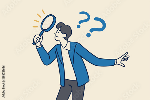 Observation or examination, curiosity to discover secret, search or analyze information, investigate or research concept, curious businessman holding magnifying glass observe data with question mark.