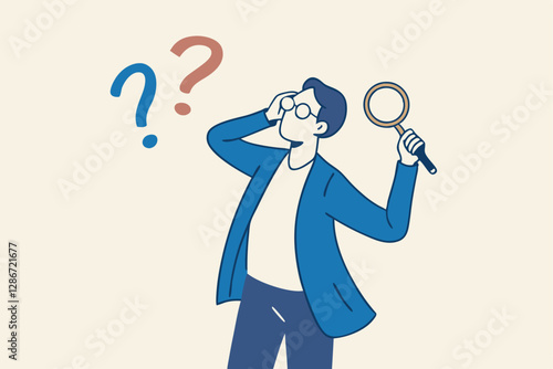 Observation or examination, curiosity to discover secret, search or analyze information, investigate or research concept, curious businessman holding magnifying glass observe data with question mark.