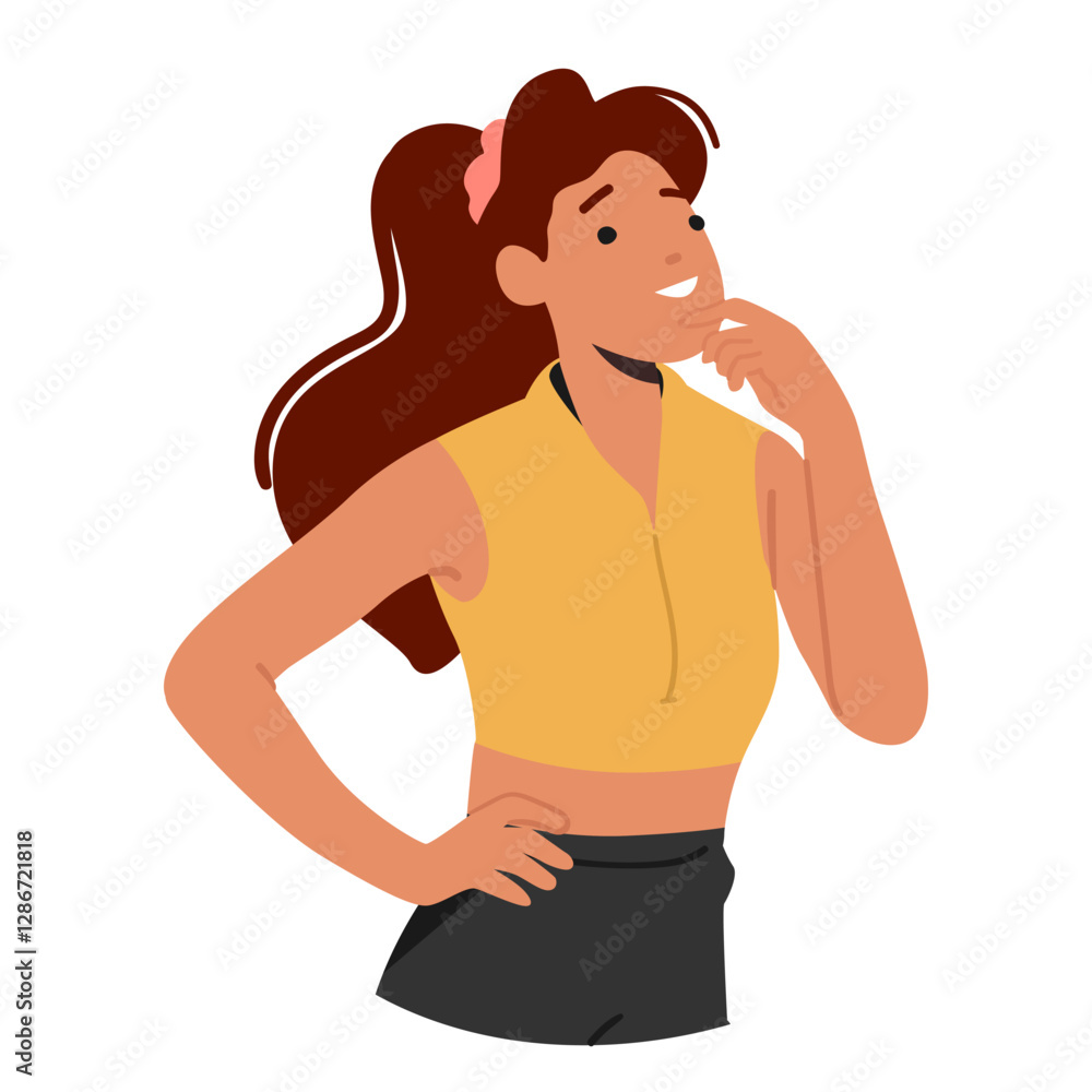 Fototapeta premium Young attractive athletic woman cartoon character feeling confused and thoughtful making decision
