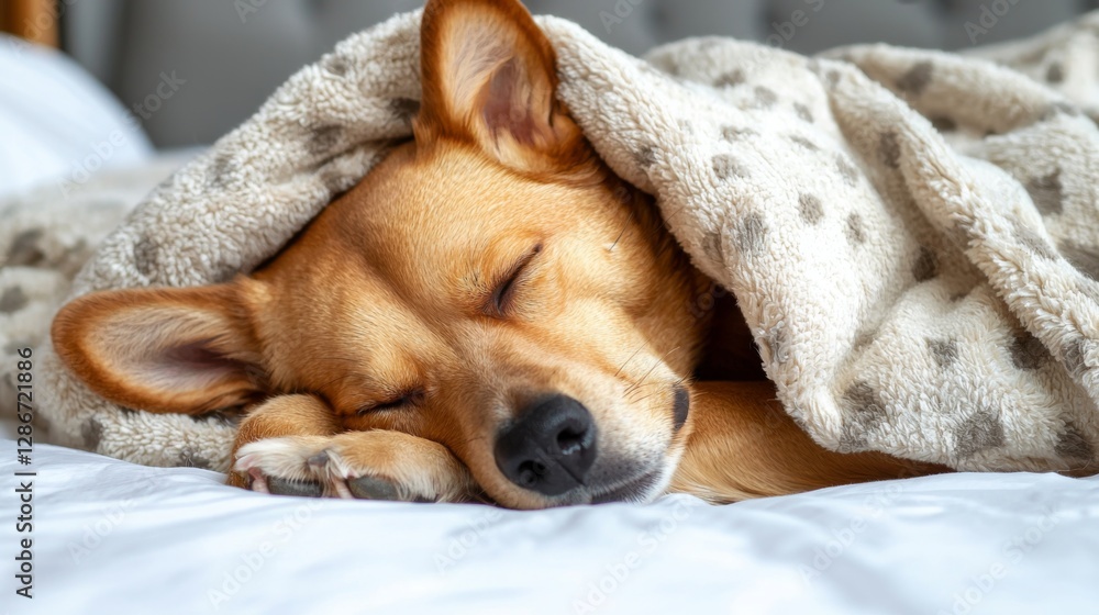 Obraz premium Cuddly corgi resting peacefully under a warm blanket on a cozy bed during a quiet afternoon