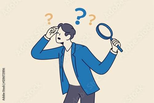 Observation or examination, curiosity to discover secret, search or analyze information, investigate or research concept, curious businessman holding magnifying glass observe data with question mark.