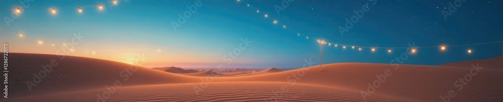 A warm sandy dune stretches towards the horizon beneath twinkling string lights in a vast blue sky, still life, peaceful landscape A warm sandy dune stretches towards the horizon beneath twinkling string lights in a vast blue sky, still life, peaceful landscape