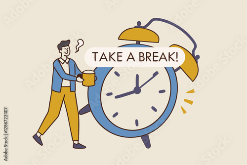 Time to take a break, coffee break time to relax and refresh from long stress interval, free from bored, sleepy and fatigue concept, relax businessman with a cup of coffee or tea with alarm clock.