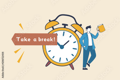 Time to take a break, coffee break time to relax and refresh from long stress interval, free from bored, sleepy and fatigue concept, relax businessman with a cup of coffee or tea with alarm clock.