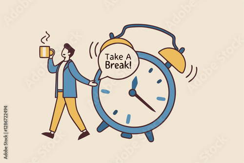 Time to take a break, coffee break time to relax and refresh from long stress interval, free from bored, sleepy and fatigue concept, relax businessman with a cup of coffee or tea with alarm clock.