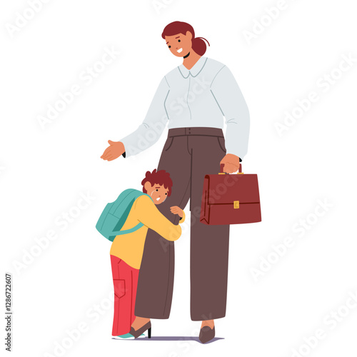 Preschool boy son crying holding mom leg feeling fear and anxiety before going to kindergarten