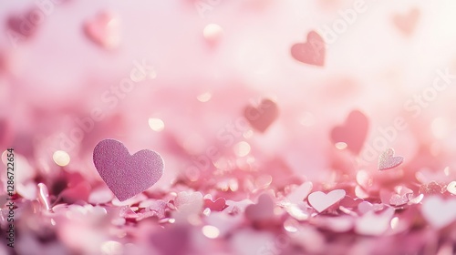 A dreamy scene with scattered pink hearts creating a whimsical and romantic atmosphere.