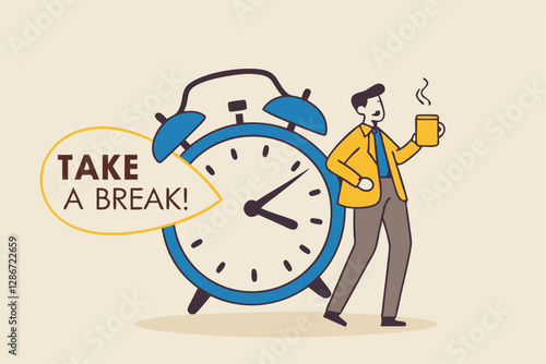 Time to take a break, coffee break time to relax and refresh from long stress interval, free from bored, sleepy and fatigue concept, relax businessman with a cup of coffee or tea with alarm clock.