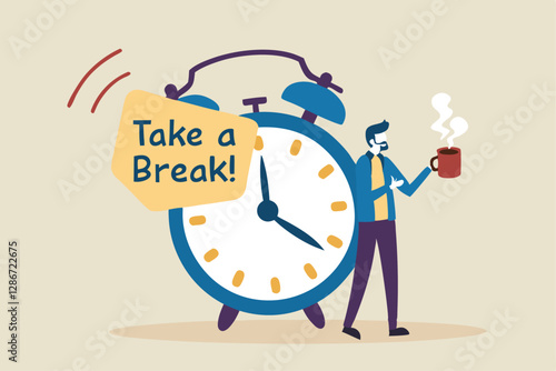 Time to take a break, coffee break time to relax and refresh from long stress interval, free from bored, sleepy and fatigue concept, relax businessman with a cup of coffee or tea with alarm clock.