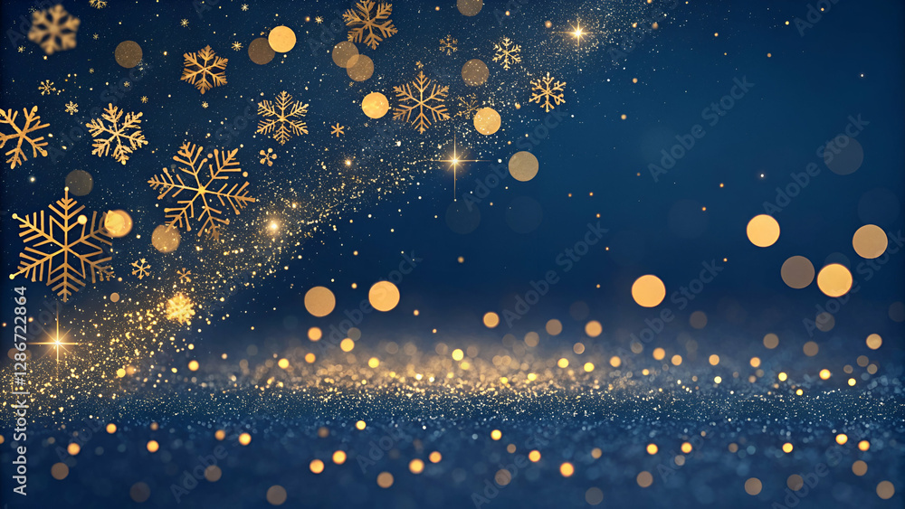 Obraz premium abstract background with Dark blue and gold particle. Christmas Golden light shine particles bokeh on navy blue background. Gold foil texture. Holiday concept. Dark blue .