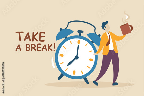 Time to take a break, coffee break time to relax and refresh from long stress interval, free from bored, sleepy and fatigue concept, relax businessman with a cup of coffee or tea with alarm clock.