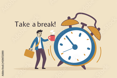 Time to take a break, coffee break time to relax and refresh from long stress interval, free from bored, sleepy and fatigue concept, relax businessman with a cup of coffee or tea with alarm clock.