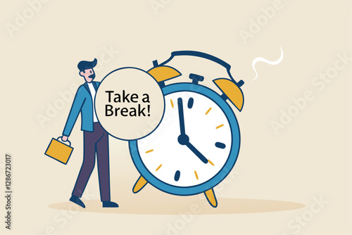 Time to take a break, coffee break time to relax and refresh from long stress interval, free from bored, sleepy and fatigue concept, relax businessman with a cup of coffee or tea with alarm clock.
