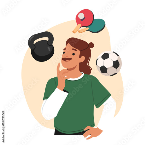 Young hipster guy cartoon character choosing alternative sport activity for training recreation