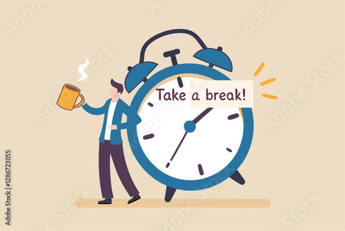 Time to take a break, coffee break time to relax and refresh from long stress interval, free from bored, sleepy and fatigue concept, relax businessman with a cup of coffee or tea with alarm clock.