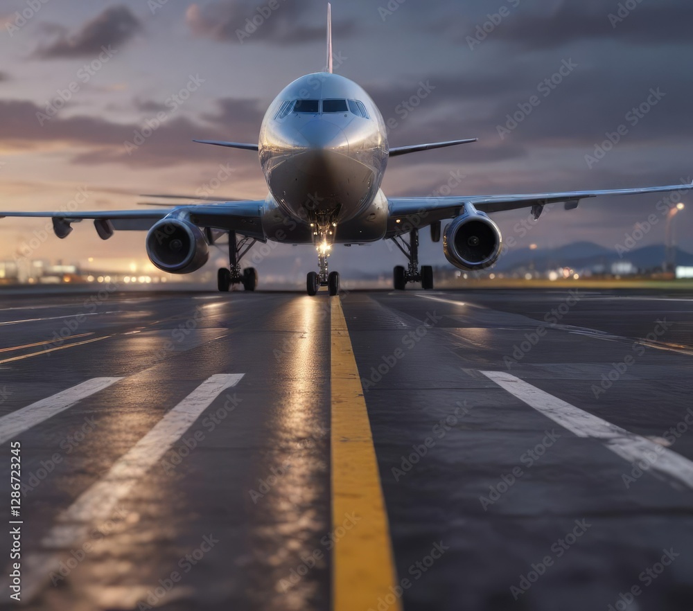 wide shot of airplane taxiing down runway at airport, gear, runway, arrival wide shot of airplane taxiing down runway at airport, gear, runway, arrival