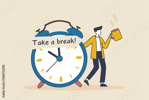 Time to take a break, coffee break time to relax and refresh from long stress interval, free from bored, sleepy and fatigue concept, relax businessman with a cup of coffee or tea with alarm clock.