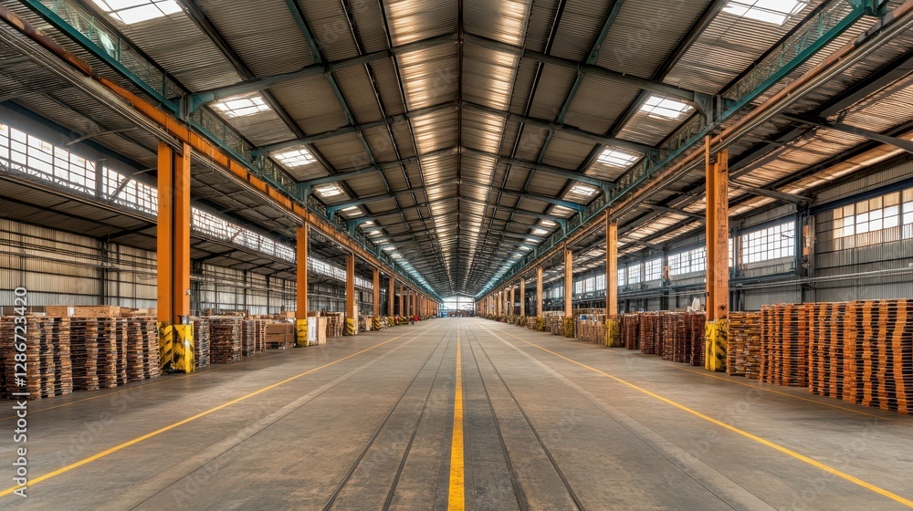 A spacious warehouse filled with neatly stacked wooden logs, featuring a prominent yellow line on the floor guiding movement and organization within the space. A spacious warehouse filled with neatly stacked wooden logs, featuring a prominent yellow line on the floor guiding movement and organization within the space.