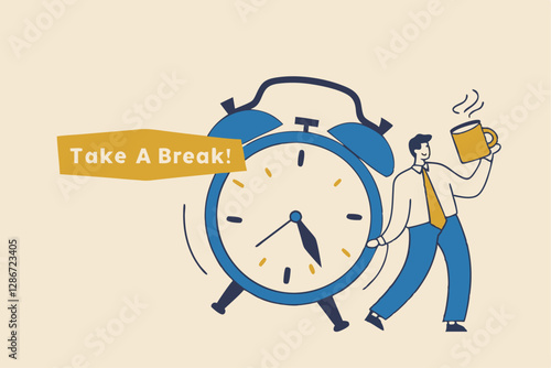 Time to take a break, coffee break time to relax and refresh from long stress interval, free from bored, sleepy and fatigue concept, relax businessman with a cup of coffee or tea with alarm clock.