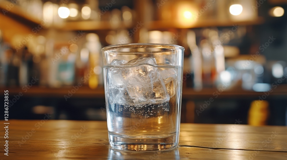 A clear glass filled with ice-cold water sits elegantly on a wooden table, reflecting light and showcasing its refreshing contents. A clear glass filled with ice-cold water sits elegantly on a wooden table, reflecting light and showcasing its refreshing contents.