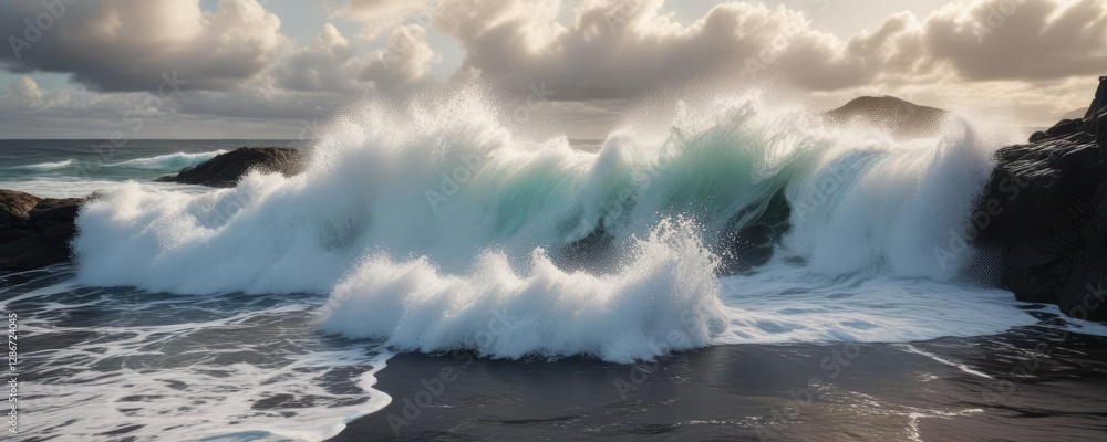 Fototapeta premium White foamy waves crashing against a dark shoreline, texture, ocean, foam