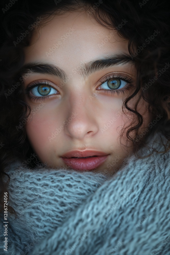 Young woman with curly hair and striking blue eyes wrapped in a soft knitted scarf, gazing warmly at the camera in moody lighting Young woman with curly hair and striking blue eyes wrapped in a soft knitted scarf, gazing warmly at the camera in moody lighting