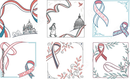Vintage bows frame for greeting cards, wedding and birthday party, picnic invitations in cute elegant coquette style. Hand drawn ribbons border illustration for social media decoration template