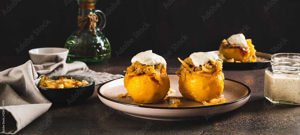 Baked potato with fried onions and ranch dressing on a plate web banner