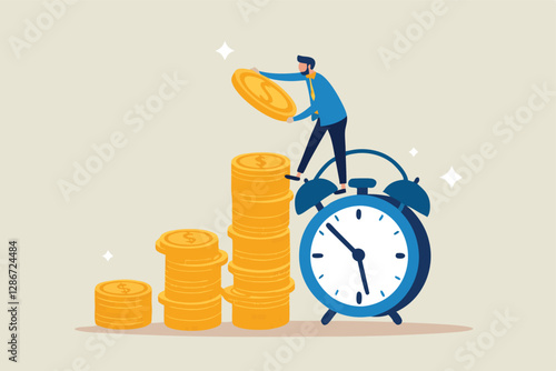 Long term investing or savings for retirement fund, compound interest or investment growth, tax time reminder concept, businessman on alarm clock put more dollar coin money to increase his savings.