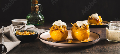 Obraz na płótnie Baked potato with fried onions and ranch dressing on a plate web banner w salonie