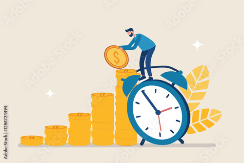 Long term investing or savings for retirement fund, compound interest or investment growth, tax time reminder concept, businessman on alarm clock put more dollar coin money to increase his savings.